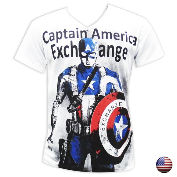 NWT EXCHANGE CAPTAIN AMERICA MEN'S WHITE V-NECK SHORT SLEEVE T-SHIRT SIZE S M XL - Picture 1 of 4